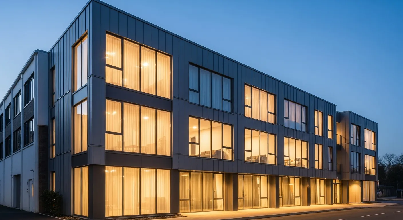 Modern building with illuminated windows at dusk