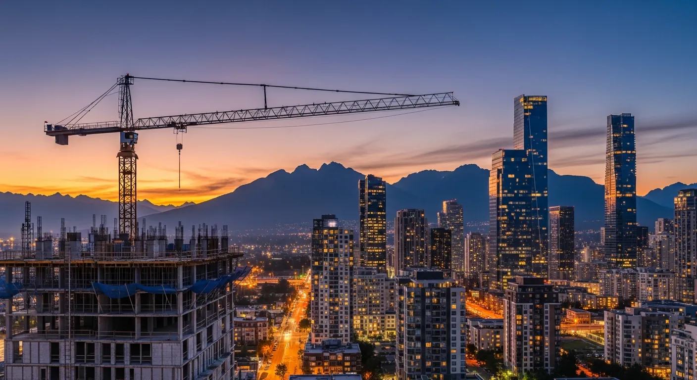 Cityscape with crane and mountain backdrop