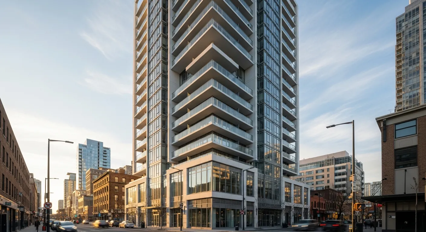 Modern residential tower with glass balconies