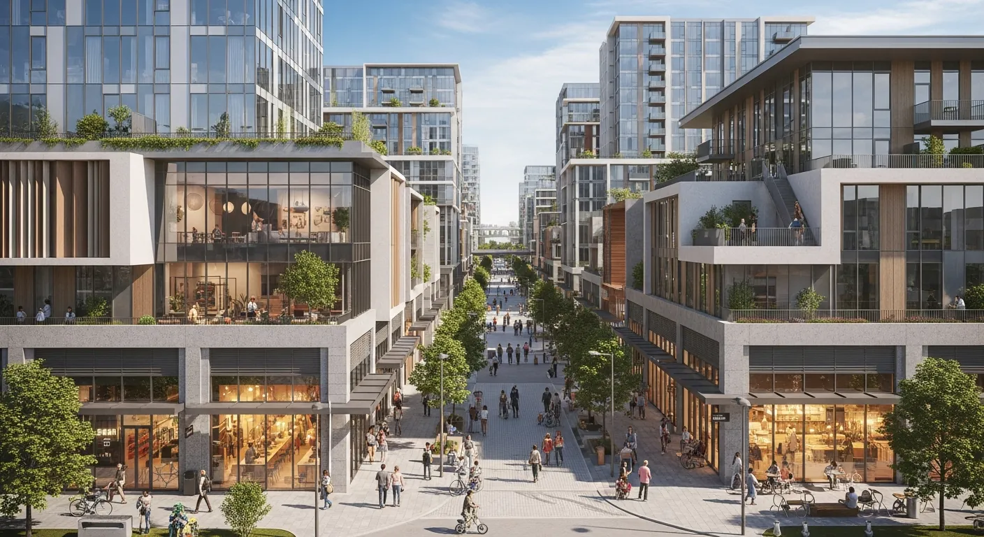 Urban development with mixed-use buildings