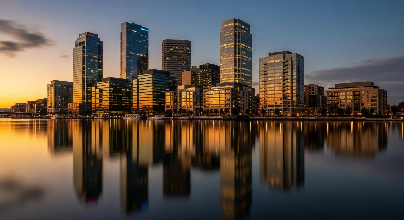 Urban skyline reflecting in water