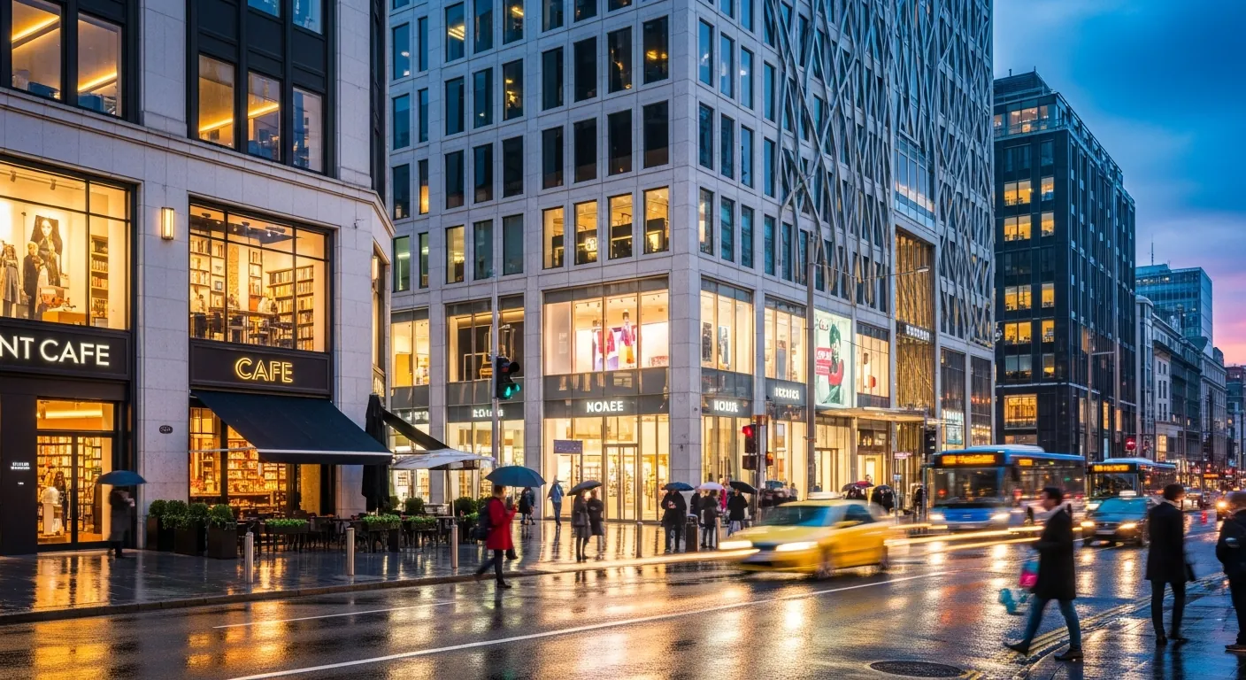Modern urban street with commercial buildings